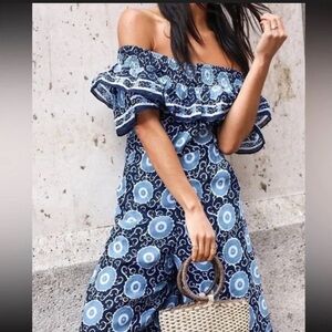 Anthropologie size Medium Elegant Blue Off-Shoulder Pants Jumpsuit with pockets